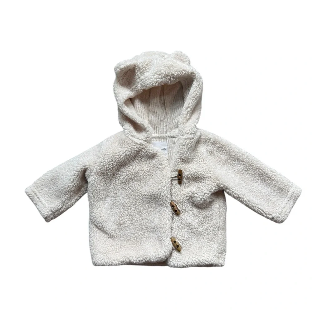 Cozy baby Cream Knit Hoodie Ivory sherpa Jacket Cardigan – Size 9 Months